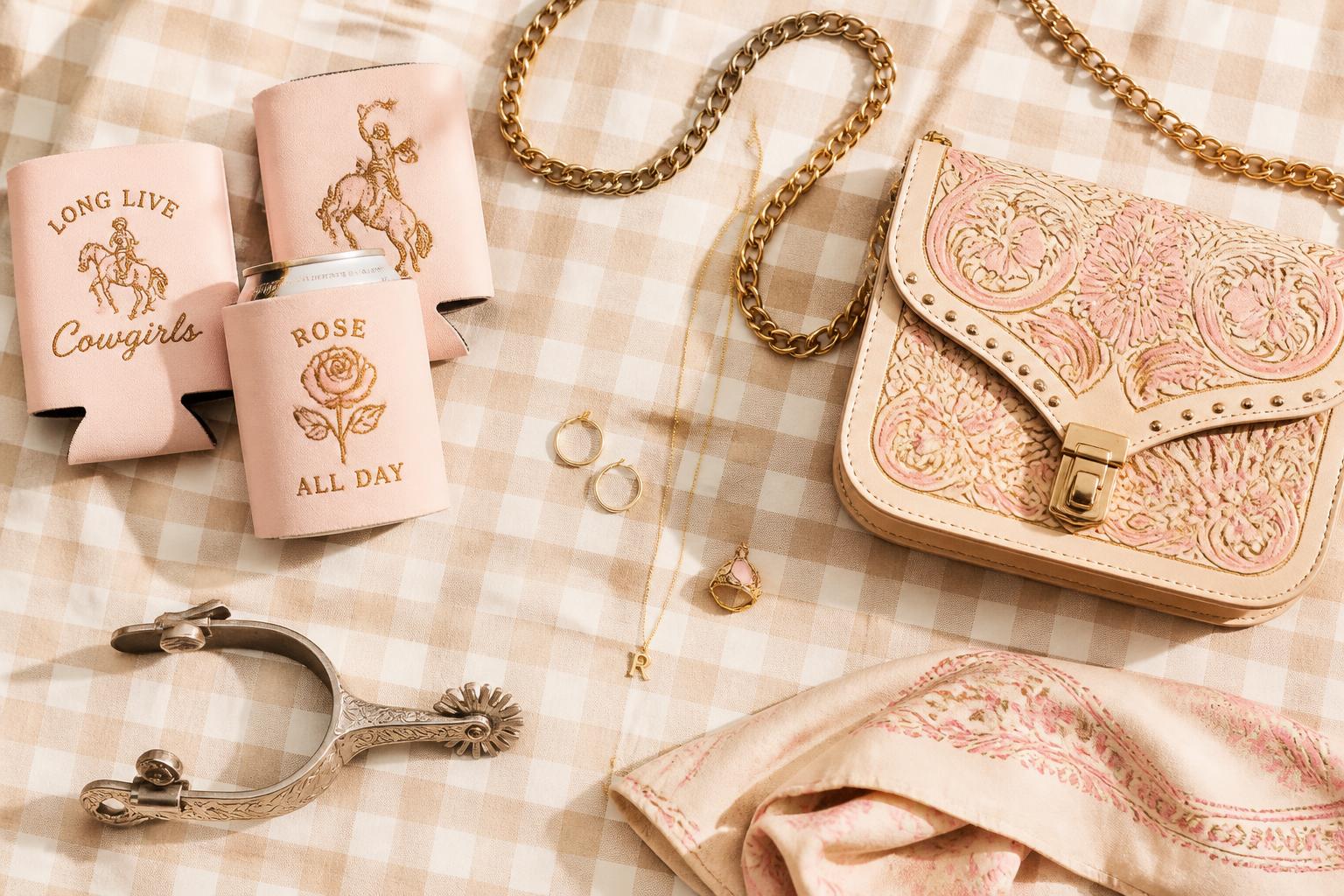 Golden Spur Boutique flat-lay with koozies, gold purse chain and a decorated bag on tan gingham